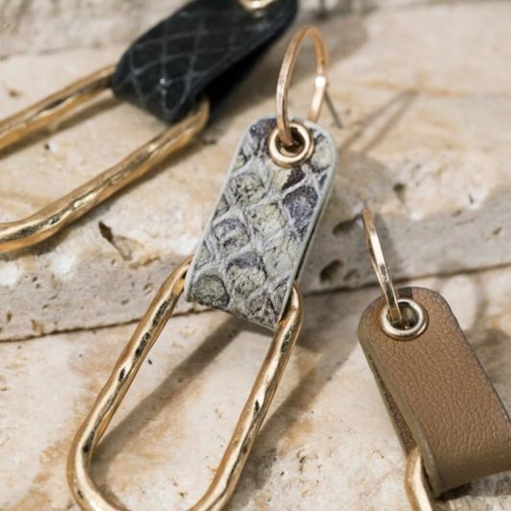AROUND TOWN FAUX LEATHER METAL DANGLE POST EARRING - Picture 2 of 4